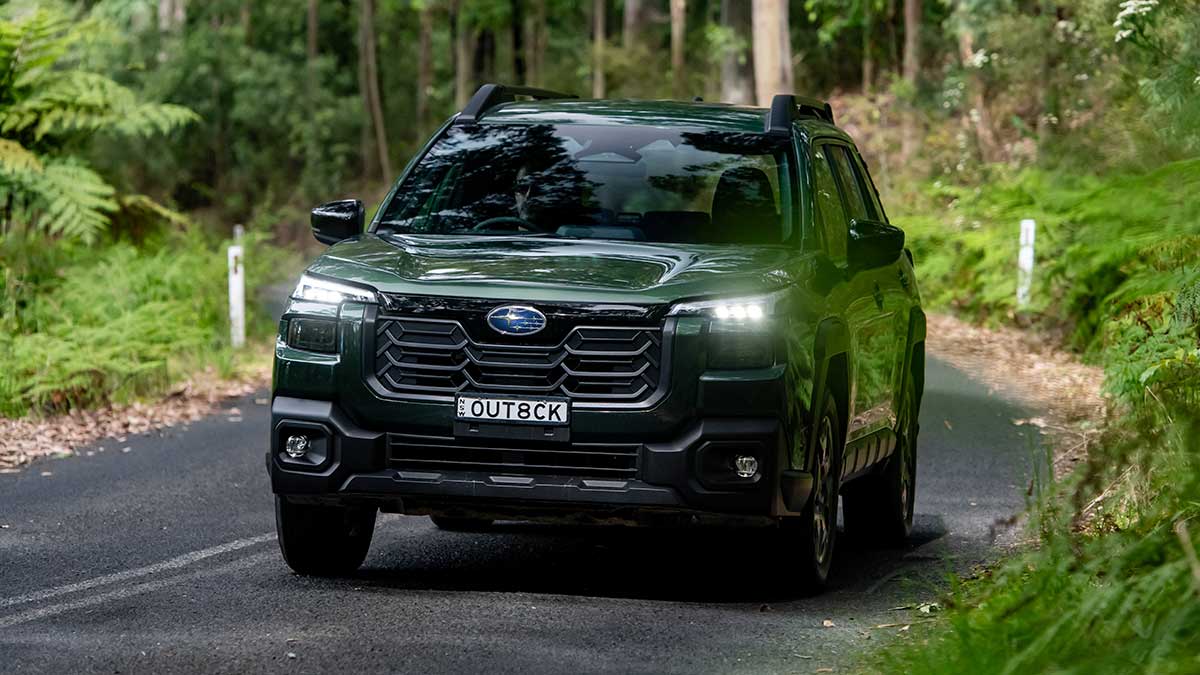 Green Subaru Outback SUV driving in lush green rainforest with ferns lining bitumen road.