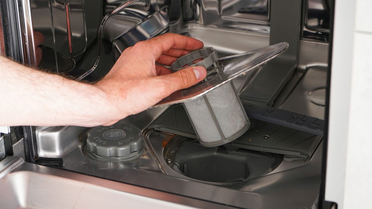 person taking out filter from dishwasher