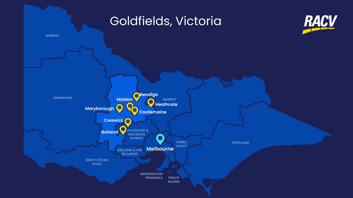 graphic of Victoria separated into regions; towns in Goldfields are highlighted