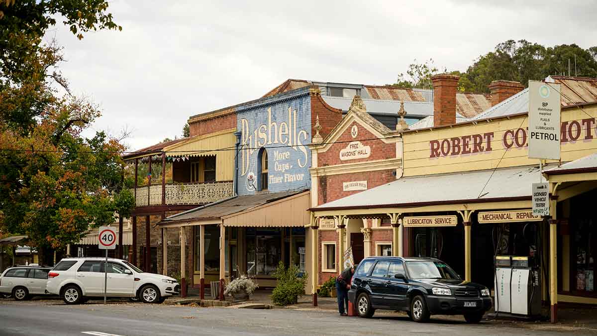exterior of old timey shops