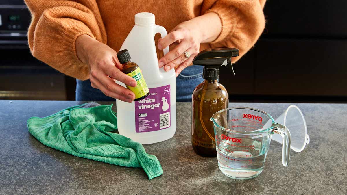 woman displaying natural cleaning ingredients like white vinegar, baking soda and tea tree oil