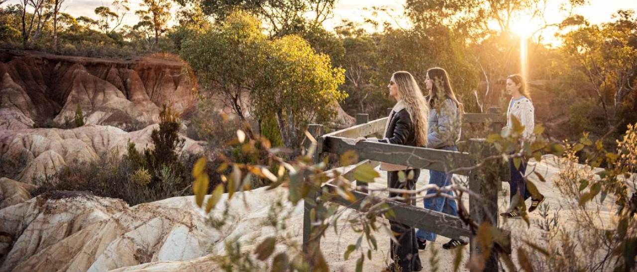 three young women looking at pink cliffs and bushland