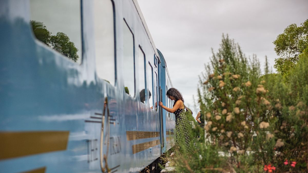 woman boarding a blue train