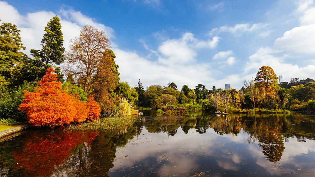 Ornamental lake surrounded by autumn trees at Royal Botanic Gardens Melbourne.