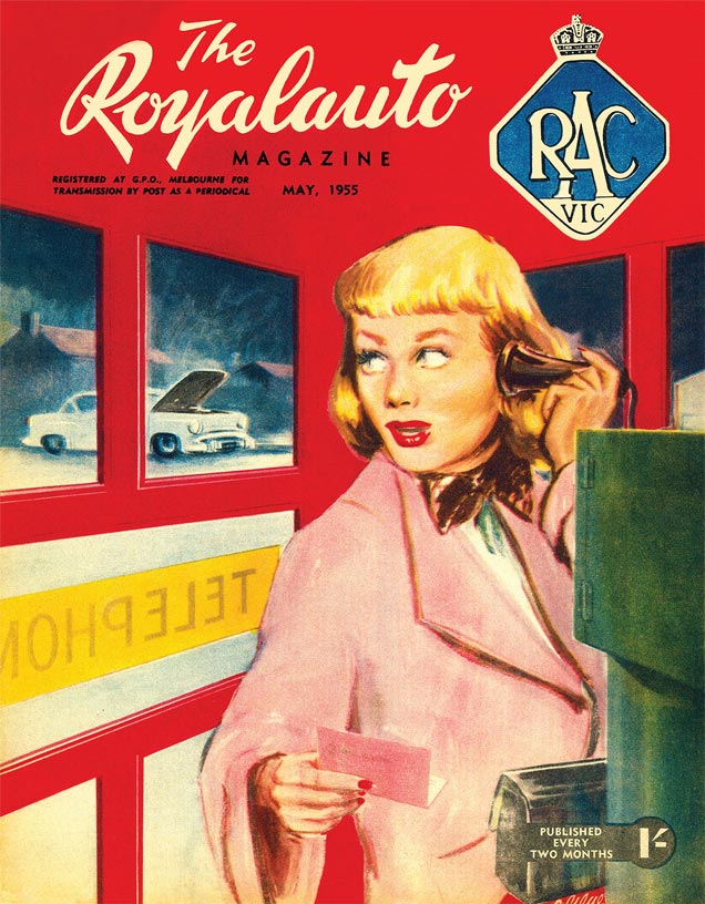 Cover detail of The RoyalAuto magazine, May 1955 edition, depicting a woman calling for roadside assistance from a telephone booth.