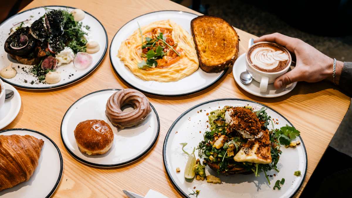 table full of breakfast foods