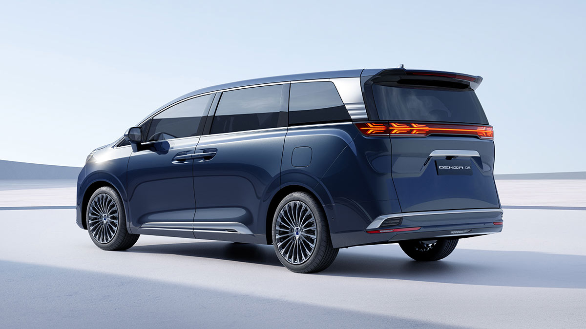 Rear studio view of blue Denza D9 luxury MPV showing long body with squared-off rear end and LED light bar across tailgate.
