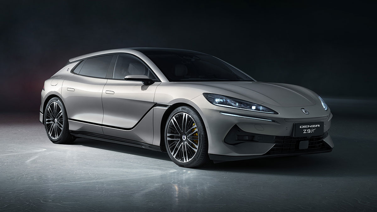 Light grey Denza Z9 GT sports EV in studio with sharply angled headlights and body sculpting.