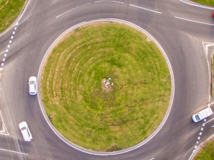 Aerial view of a large roundabout.