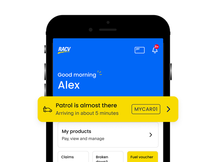 A yellow banner on the RACV App homescreen, which says that roadside assistance is arriving in about 5 minutes.