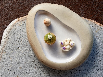 White ceramic dish with three small gourmet food items at RACV's Cape Schanck resort.