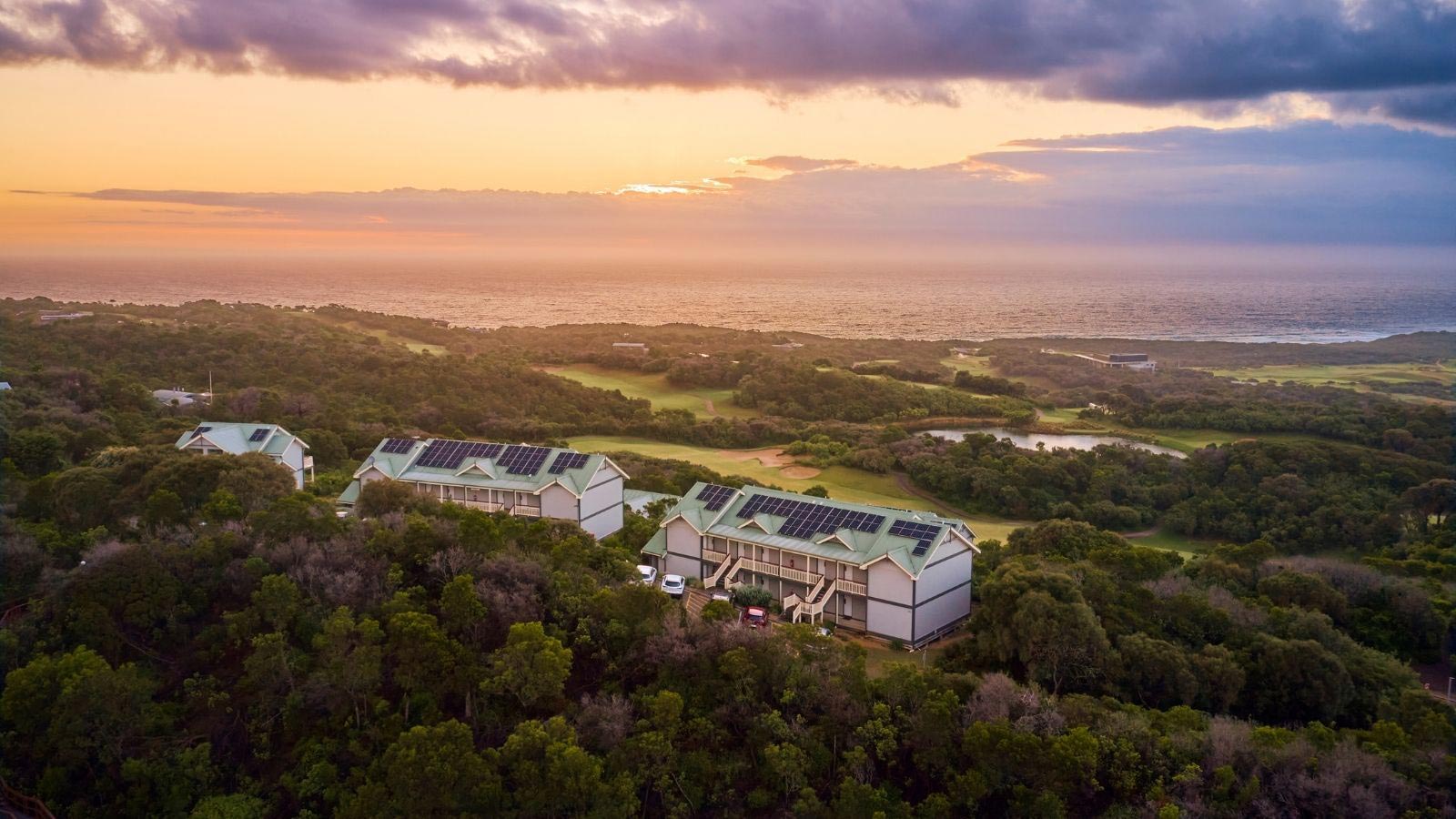 Aerial view of the villas at cape schanck at sunrise.