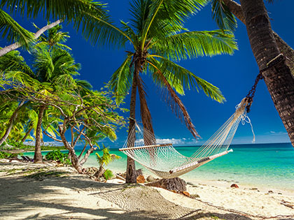 Empty hammock in the shade of palm trees on tropical Fiji Islands