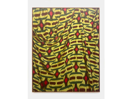 Green, red and yellow oil and acrylic on pine, painted to appear as a material textile.