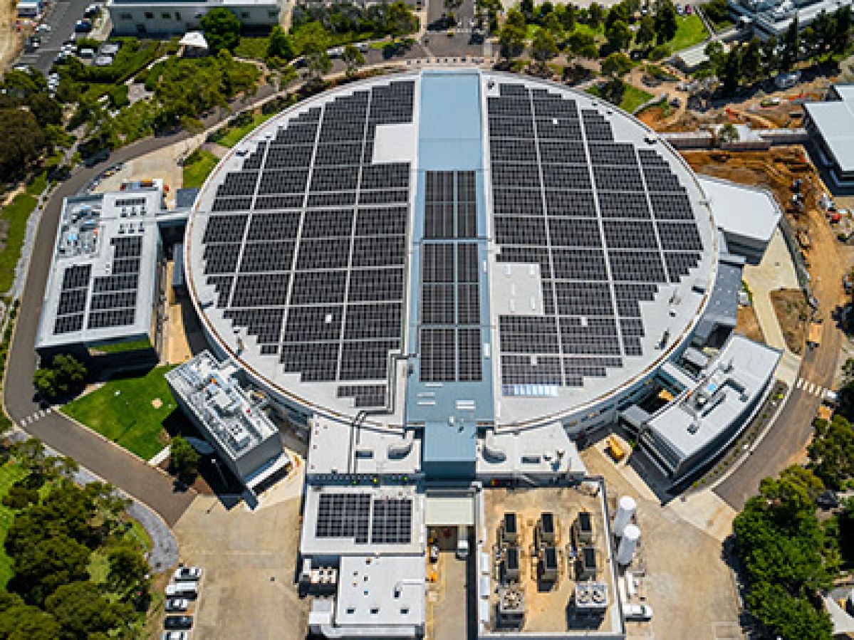 Aerial view of solar panels fitted on the roof of the Australian Nuclear Science and Technology Organisation.