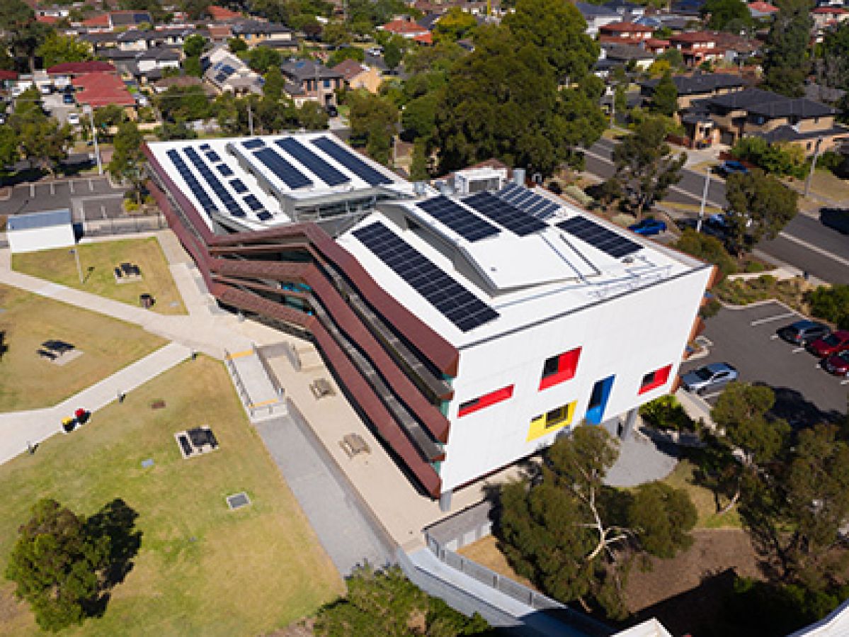 Aerial view of solar panels fitted on Holmesglen Chadstone campus