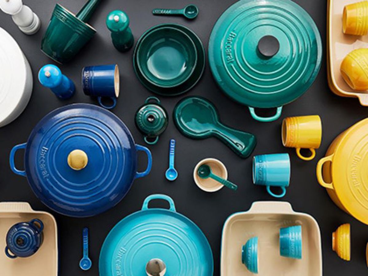Aerial view of colourful cookware and crockery.