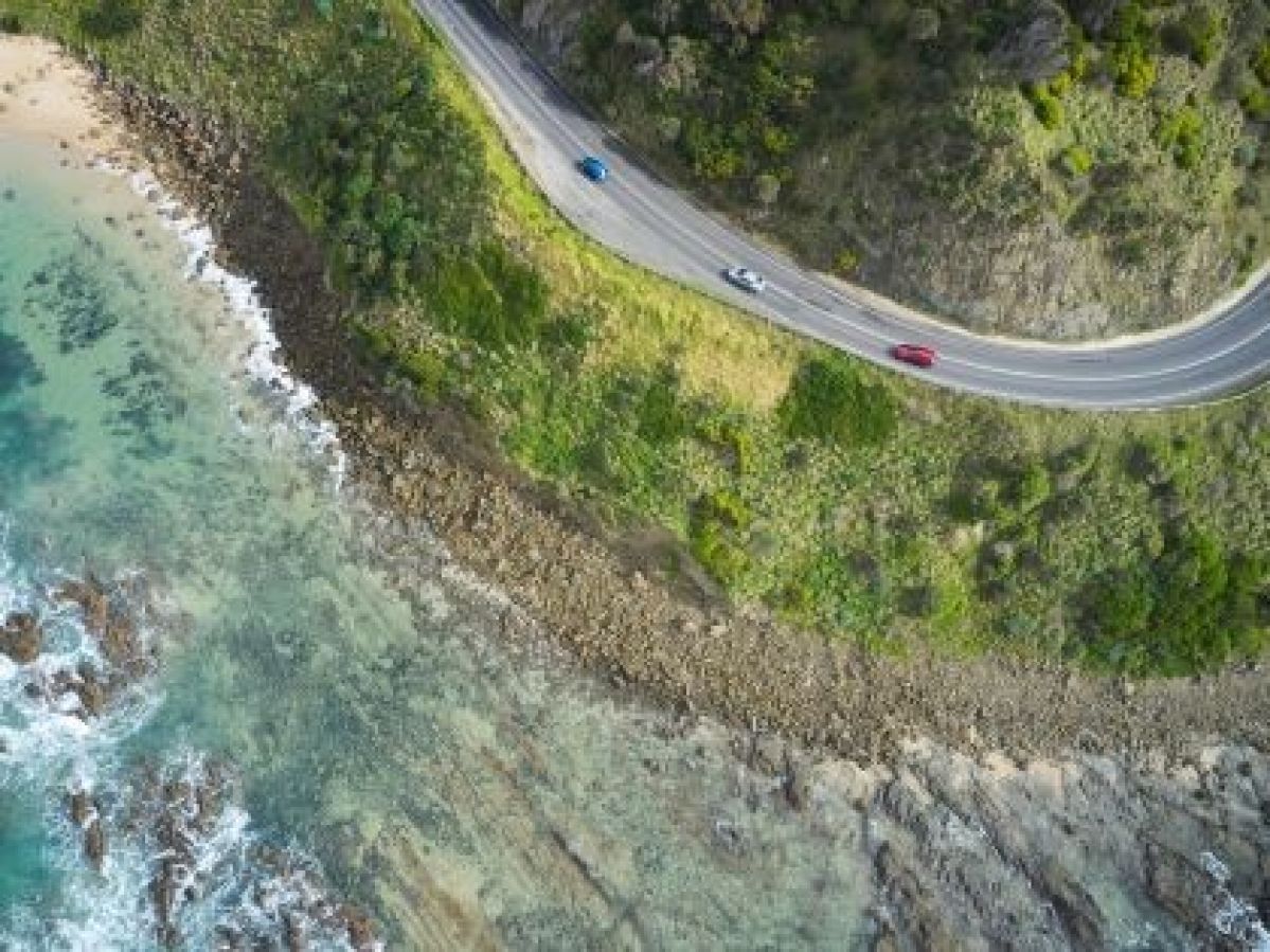 Ariel shot of coastal driving 
