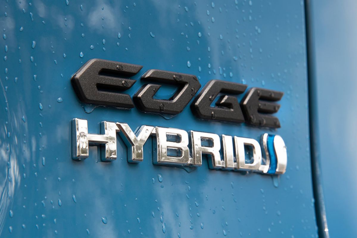 Blue Toyota RAV4 Edge medium SUV with raindrops on tailgate and hybrid badge