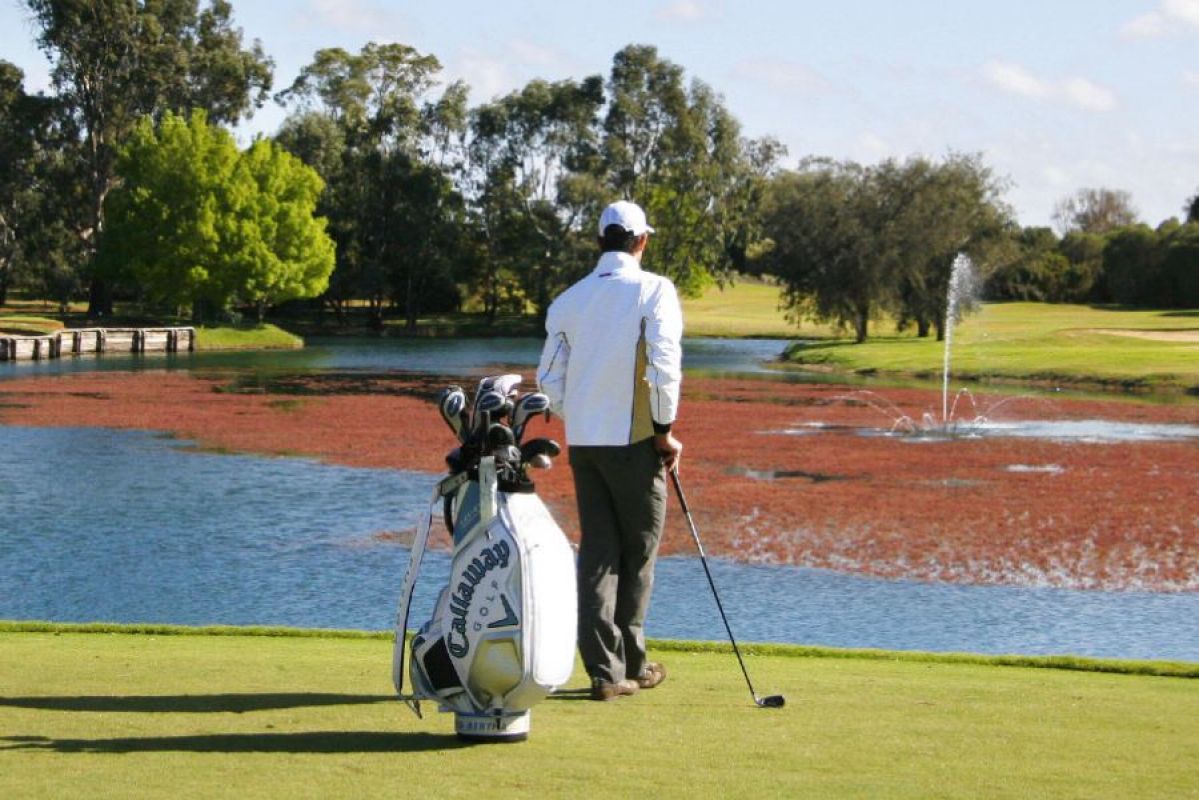A man with a goldf caddy standing in front of a glittering pond on a golf course