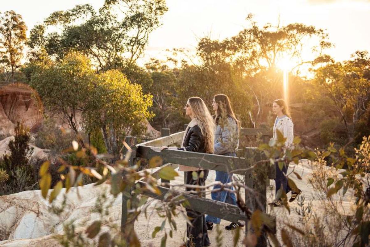 three young women looking at pink cliffs and bushland