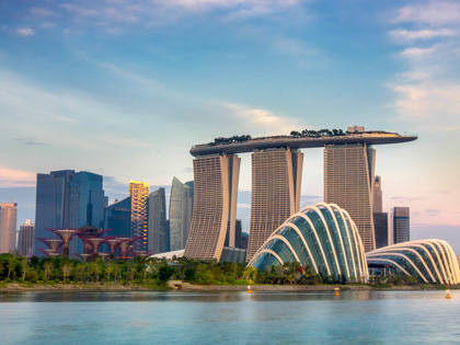 Marina Bay Sands Hotel and skyline of singapore ffrom a distance.