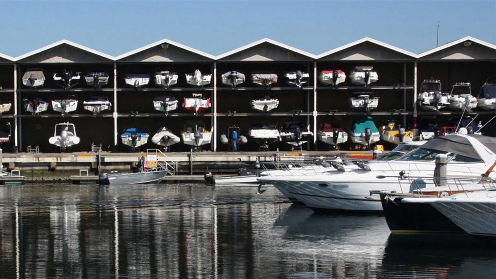 Boats moored and stored at St Kilda Marina.
