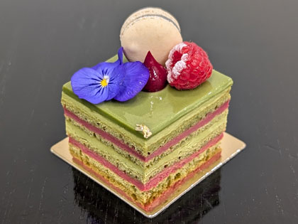 Matcha and raspberry opera cake