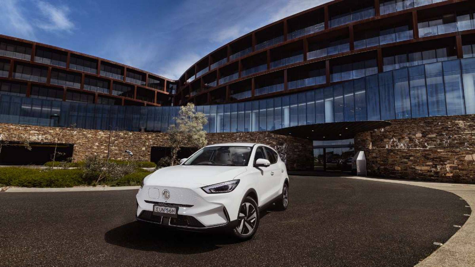 White MG electric vehicle parked outside of RACV's Cape Schanck resort.