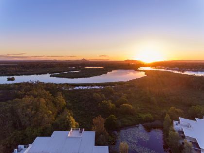 Aerial view of waterways in Noosa at sunset. 