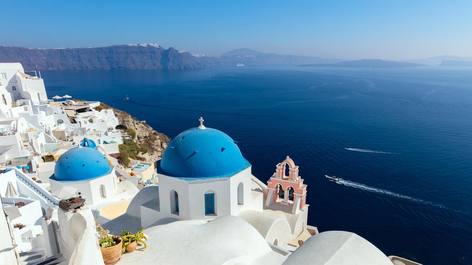 Panoramic view of Santorini and the coast.