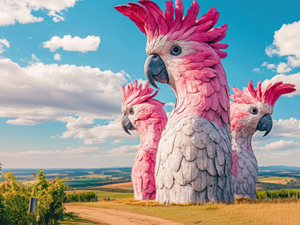 Painting of oversized pink galas looking over the Australian landscape.