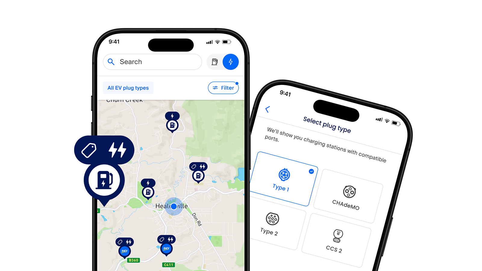 Image of the EV charger map in the RACV App.