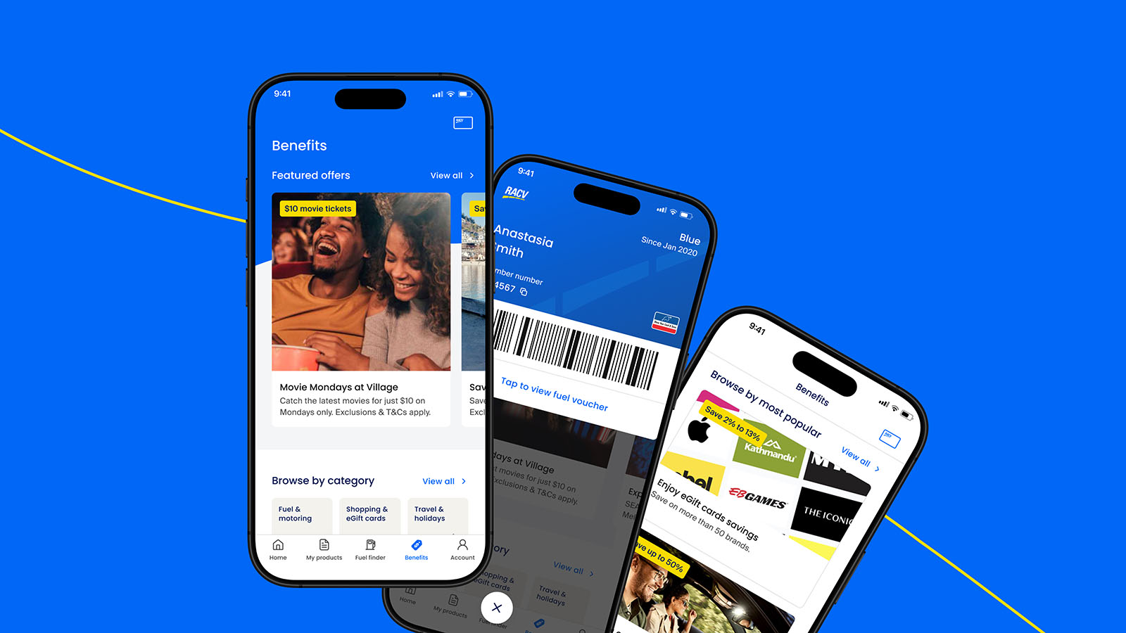 Graphic showing three screens of the RACV app on a blue background.
