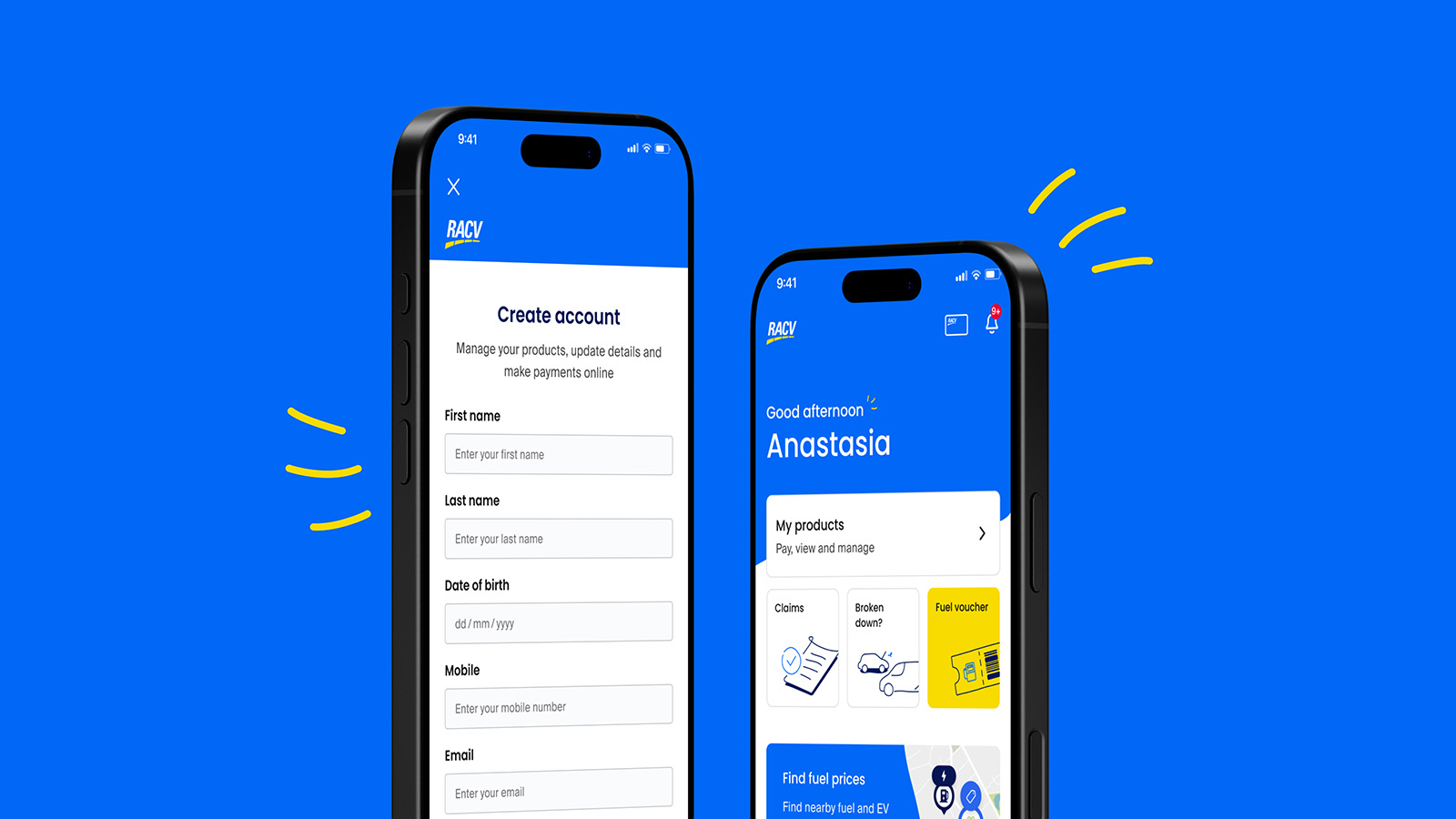 Image showing the welcome and 'create account' screens of the RACV App with a blue background.