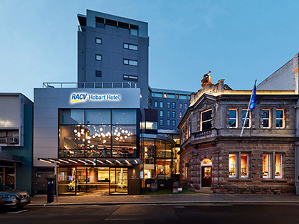 RACV Hobart Hotel at dusk.