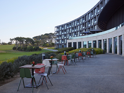 Tables and chairs set up outside RACV Torquay Resort.