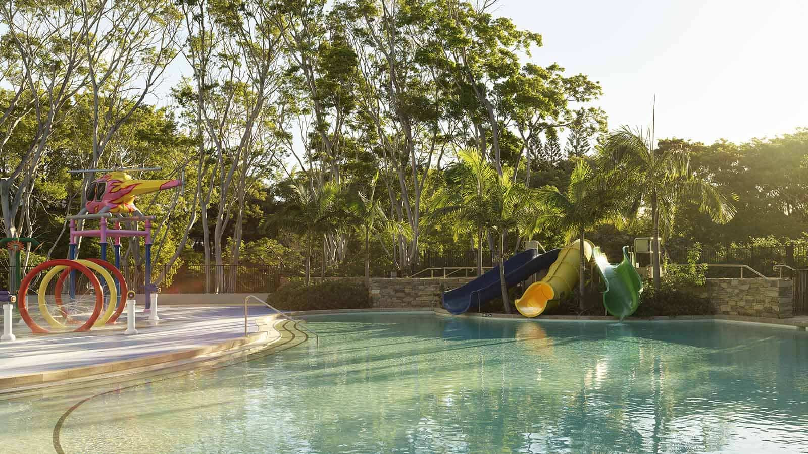 Children's pool with playground and waterslides at RACV Royal Pines resort.