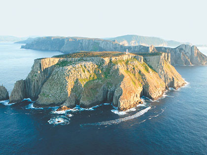 Aerial view of rock formation off the coast of Tasmania.