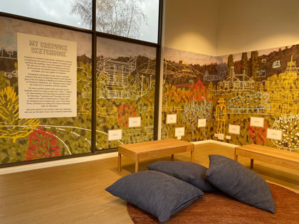 Images wrapping around the walls of a room with seating and cushions in the middle. 